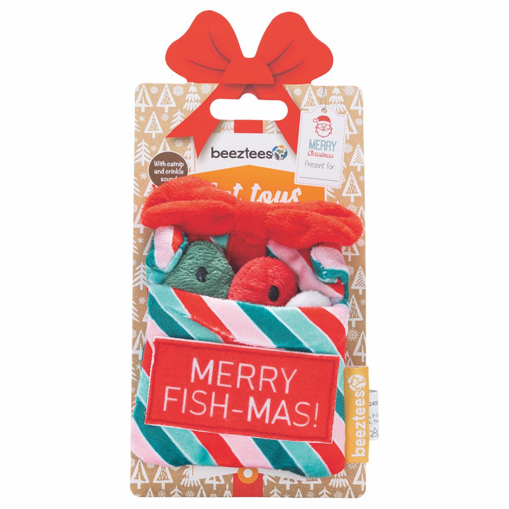 Beeztees XMAS Katzenspielzeug Geschenktüte mit Fischen Catnip Katzenminze Plüsch