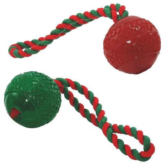 Nobby XMAS - TPR Ball mit Seil - Hundespiel Wurfseil Apportierspiel Wurfschlaufe