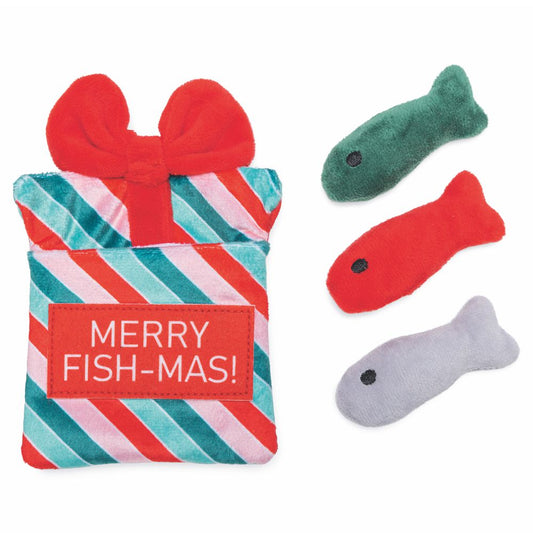 Beeztees XMAS Katzenspielzeug Geschenktüte mit Fischen Catnip Katzenminze Plüsch