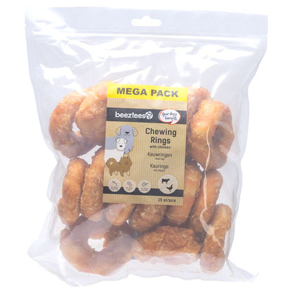 Beeztees Kauringe mit Huhn - 15 Stück - 7,5 cm - Rinderhaut Kausnack Leckerli Ring Hundesnack MegaPack