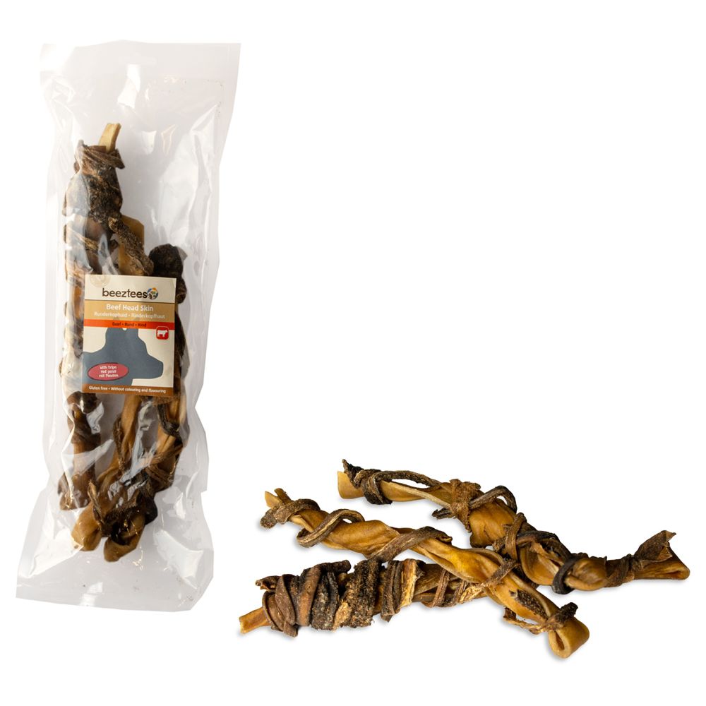 Beeztees Rinderkopfhaut mit Pansen - 3 Stück - 30 cm lang - natürliches Produkt