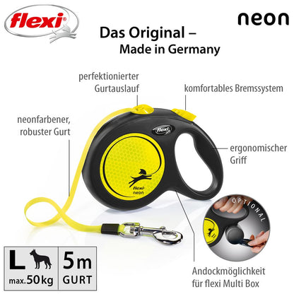 flexi NEON - L - Gurt-Leine - 5 Meter - gelb - Hundeleine Roll-Leine Flexileine