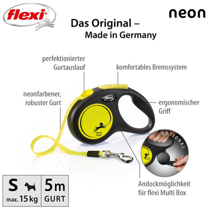 flexi NEON - S - Gurt-Leine - 5 Meter - Hundeleine Roll-Leine Flexileine