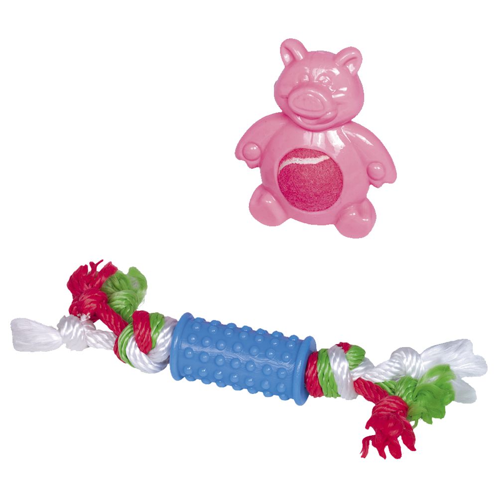 Nobby Puppy-Set - TPR Welpenspielzeug mit Seil/Schweinchen/Tennisball quietscht