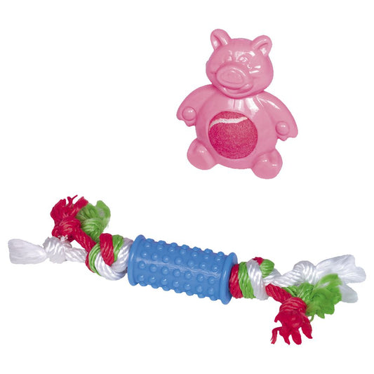Nobby Puppy-Set - TPR Welpenspielzeug mit Seil/Schweinchen/Tennisball quietscht