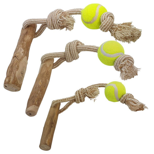 Nobby Kaffeeholz mit Hanfseil und Ball - S/M/L - Kauspielzeug Apportierspielzeug